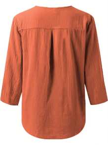 Women's Three Quarter Sleeve T-Shirt V Neck Button Top Basic T-Shirt Solid Color Shirt Loose Pullover Summer Shirt - trái cam - Xem 3