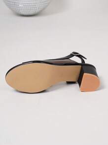 女士露趾扣透明玻璃带粗跟凉鞋，休闲黑色拼接高跟鞋