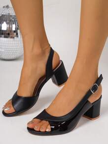 女士露趾扣透明玻璃带粗跟凉鞋，休闲黑色拼接高跟鞋