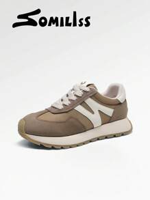 somiliss 1 Paar Damen Schnür-Sportschuhe, braune Farbe, Kombination aus Kunstleder und Stoff, rutschfest, bequem, weich, geeignet für Studenten, Laufen, klassisch modische flache Tennis Outdoor Walkingschuhe