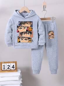 2 件男童秋冬保暖连帽运动衫套装，可爱印花羊毛休闲套装，适合户外运动、圣诞派对、日常穿着 - 灰色 - 查看 1