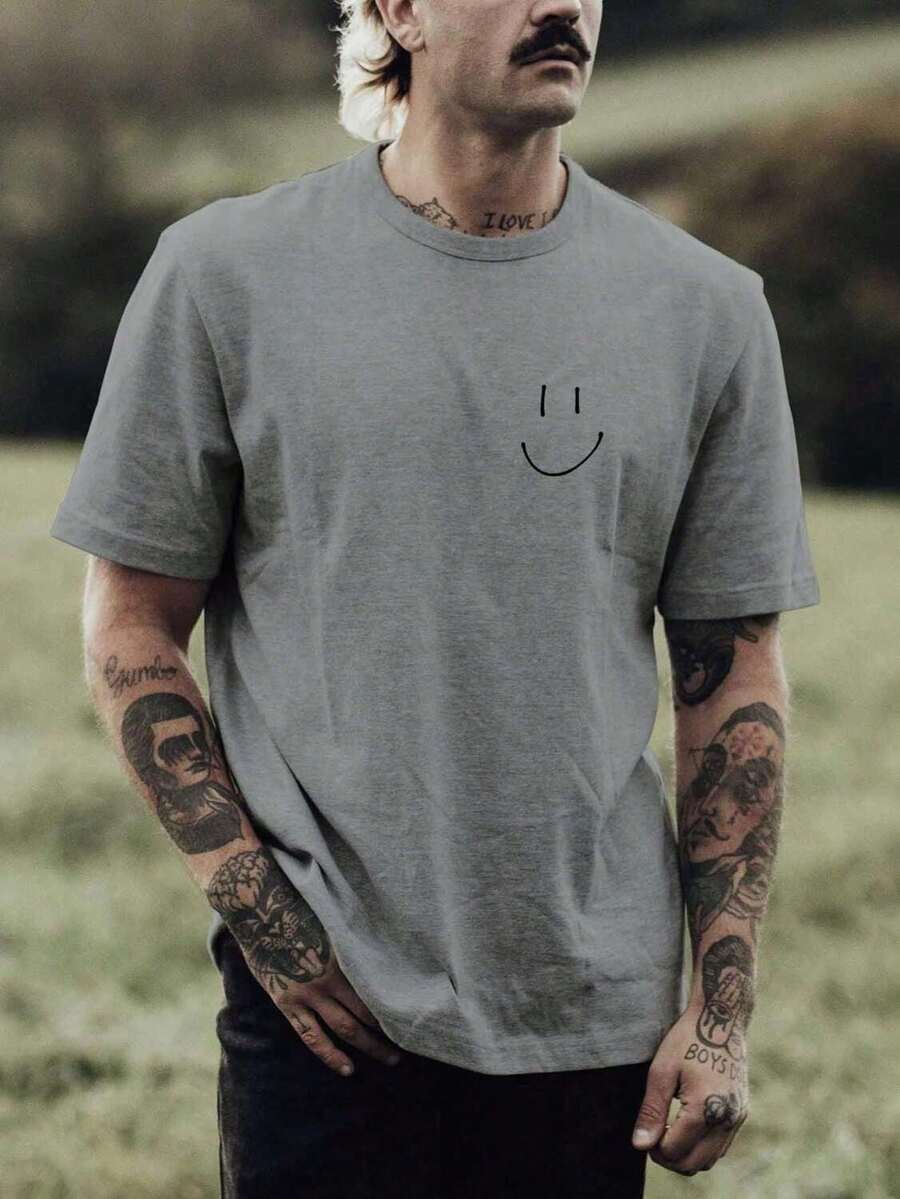 Men's Streetwear T-Shirt Premium Basic Cotton Smile - 灰色 - 查看 1