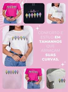 Kit 3 T Shirts Comfortable Short Sleeve Printed T-Shirts Modern Women's Fashion Summer Style - 玫紅色 - 查看 8