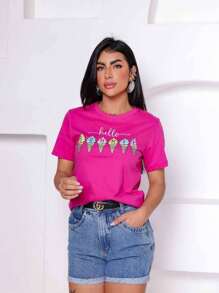 Kit 3 T Shirts Comfortable Short Sleeve Printed T-Shirts Modern Women's Fashion Summer Style - 玫紅色 - 查看 4