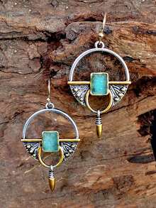 1 对复古欧美风格镀蓝绿色宝石装饰子弹形耳环女士 - 款式1 - 查看 3