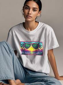 Camiseta de manga corta con estampado para mujer, camisa negra y blanca, camisa de 180 g/m², camiseta de cuello redondo de manga corta, camiseta deportiva casual y transpirable, cómoda, de estilo vintage casual, adecuada para el verano, la playa o las vacaciones