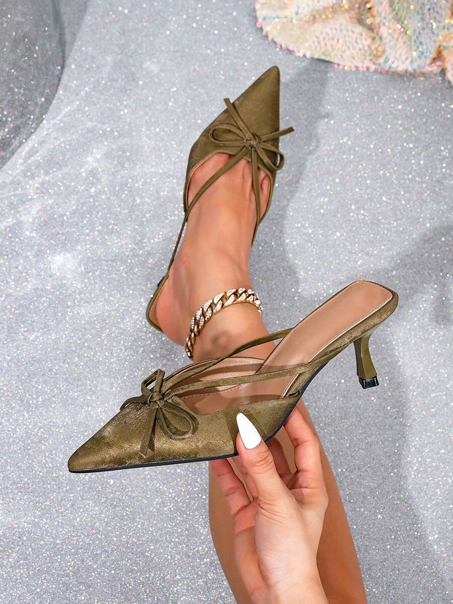 欧美风格穆勒鞋，女士尖头蝴蝶结一脚蹬凉鞋，低帮边饰高跟鞋，秋季情人节