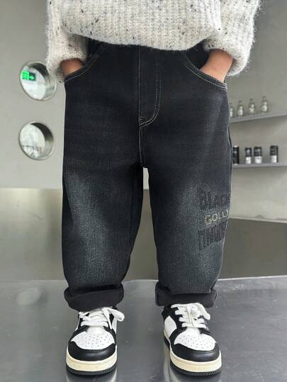 Pantaloni di jeans casual con vita elastica e fodera termica per ragazzi, adatti per l'autunno e l'inverno