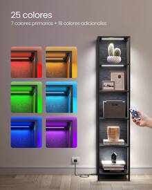 VASAGLE Estantería de 6 Niveles con Luz LED, Librería con Luces Ajustables, Marco de Acero, 30,3 x 40 x 178,6 cm, para Sala de Estar, Dormitorio, Oficina, Negro Ébano - Negro - Ver 2