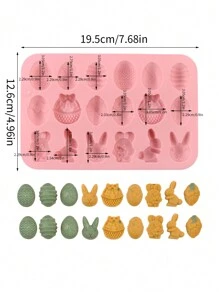 1个复活节硅胶巧克力模具，共有18个模腔，形状多样，包括彩蛋、兔子、兔头和篮子。适合DIY制作巧克力、糖果和果冻，方便实用。 - 粉色 - 查看 2