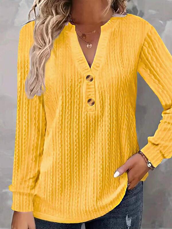 Plus Size Women's Notch Neck Button Casual Long Sleeve Tee