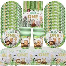 86pcs/Set Jungle Birthday Party Tableware Set Green Leaf Wild One Print Paper Plates Cups Napkins Tablecloth Animals Theme Party Decorations Supplies - Green - View 1