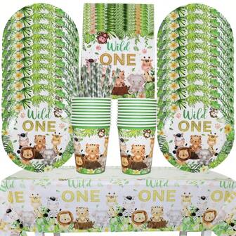 86pcs/Set Jungle Birthday Party Tableware Set Green Leaf Wild One Print Paper Plates Cups Napkins Tablecloth Animals Theme Party Decorations Supplies