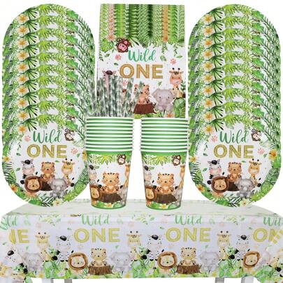 86pcs/Set Jungle Birthday Party Tableware Set Green Leaf Wild One Print Paper Plates Cups Napkins Tablecloth Animals Theme Party Decorations Supplies