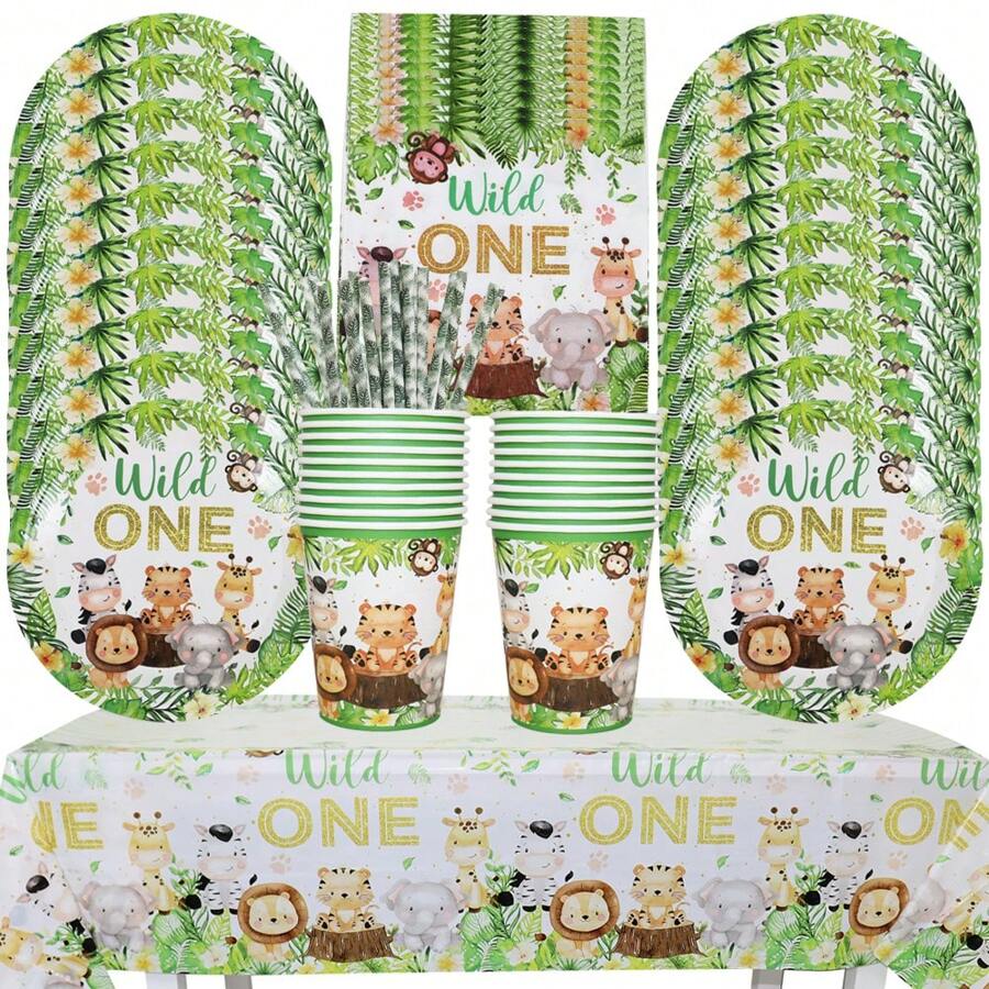 86pcs/Set Jungle Birthday Party Tableware Set Green Leaf Wild One Print Paper Plates Cups Napkins Tablecloth Animals Theme Party Decorations Supplies - Green - View 1