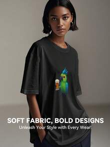 Women's Print Short Sleeve T-Shirt, Black & White Shirt, 180gsm Shirt, Crew Neck Short Sleeve T-Shirt, Breathable & Comfortable Casual Sports Fitness Tee, Casual Vintage Style, Suitable For Summer, Beach Holiday Crew Neck Short Sleeve Casual T-Shirt, Summer Tee