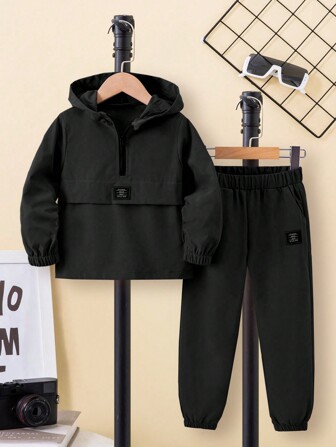 Set de 2 piezas de sudadera con capucha y pantalones a juego con cordón para niños pequeños y niños, corte holgado, elegante, para primavera/otoño