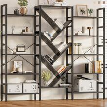 INNOD 5 Tier Etagere Bookcase, Large Wooden Bookcase With 17 Open Display Shelves, Triple Modern Tree Book Shelf Metal Frame Tall Bookshelves Furniture For Living Room Bedroom Home Office - 黑色 - 查看 11