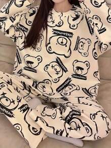 AICJ 2pcs Women's Cartoon Bear Print Casual Pajama Set, Long Sleeve Round Neck Top And Long Pants, Comfortable Loose Fit, Suitable For Spring, Autumn, Winter House Wear,Two Pieces Set