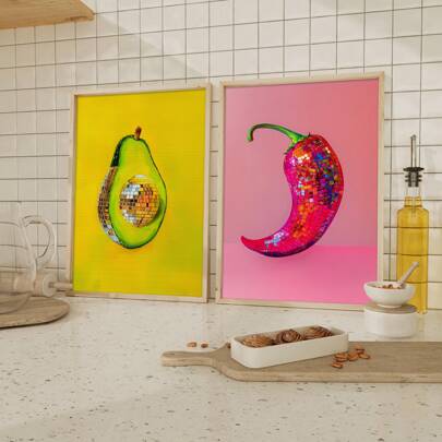 1/2pcs Disco Ball Canvas Print Chili Pepper Avocado Wall Art Picture Maximalist Food Illustration Poster Red Yellow Aesthetic Decor For Kitchen ,Dorm, Gift For Her Unframed
