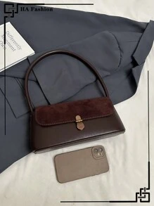 1pc Vintage Burgundy Suede Patchwork Underarm Storage Fashionable Shoulder Bag