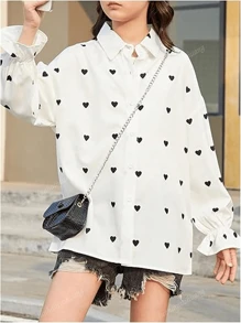 Women Front Button Long Sleeve Heart Print Simple Casual Blouse, Daily Wear