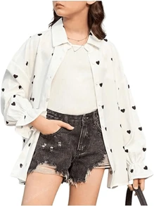 Women Front Button Long Sleeve Heart Print Simple Casual Blouse, Daily Wear