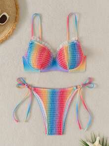 女士渐变色彩虹比基尼套装，夏季海滩度假泳装 - 彩色 - 查看 1
