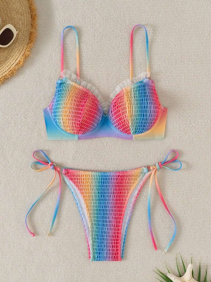 女士渐变色彩虹比基尼套装，夏季海滩度假泳装 - 彩色 - 查看 1