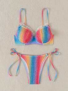 女士渐变色彩虹比基尼套装，夏季海滩度假泳装 - 彩色 - 查看 3