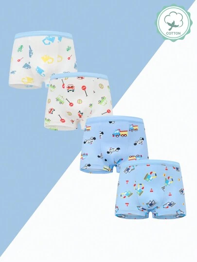 男童内裤 4 件装 柔软舒适 挖掘机和汽车印花三角裤 青年