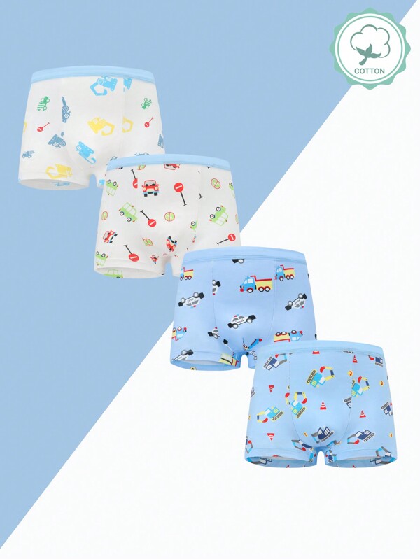 Young Boy 4pcs/Pack Soft & Comfortable Excavator & Car Printed Briefs Underwear, Youth