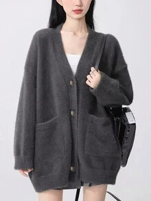 Alicedudu 1 pièce Cardigan tricoté ouvert à l'avant minimaliste et décontracté pour femme