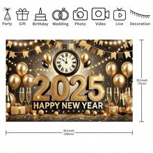 1 Pezzo Striscione Riutilizzabile per Festa di Capodanno con Decorazioni in Oro - Orologio, Palloncino, Bicchiere di Champagne, Decorazione Multifunzionale per Celebrazioni di Capodanno, Sfondo Decorativo da Parete per Interno ed Esterno, Disponibile in Varie Dimensioni (210*150/150*100/100*75CM)