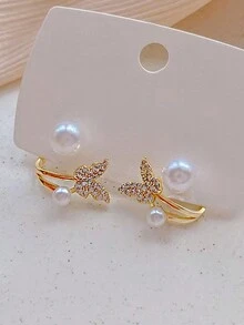 Nooxian 2 件优雅奢华小众高端设计蝴蝶仿珍珠吊式耳环 - 金黃色 - 查看 4