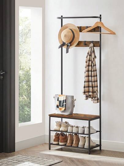VASAGLE Appendiabiti da Ingresso con Panca Scarpiera, Attaccapanni con 9 Ganci Rimovibili e Barra Appendiabiti, 32,2 x 64 x 180 cm, Camera da Letto, Industriale, Marrone Vintage e Nero, Regalo Natale