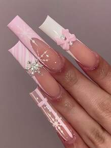 24 件圣诞美甲 - 白色雪花、蝴蝶结、水晶水钻假指甲、棺材形状、可爱粘贴指甲，配有果冻凝胶和指甲锉，适合女性日常佩戴和派对 - 彩色 - 查看 1