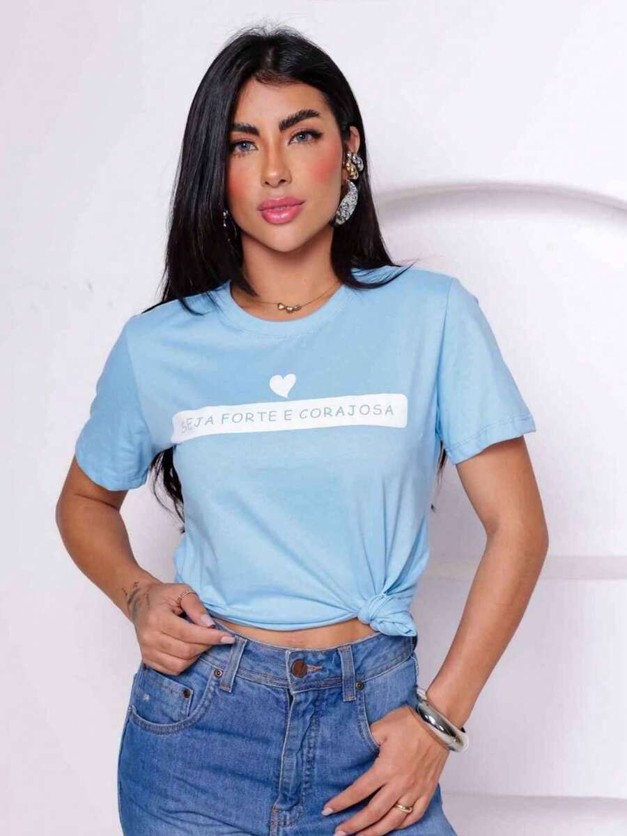 Women's T-Shirt Short Sleeve T Shirt Printed With Inspirational Phrase Elegant Casual Modern Blouse - 淺藍色 - 查看 1