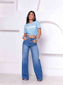 Women's T-Shirt Short Sleeve T Shirt Printed With Inspirational Phrase Elegant Casual Modern Blouse - 淺藍色 - 查看 3