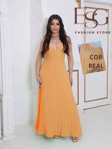 Long Pleated Dress With Straps For Parties And Weddings - 橘色 - 查看 2