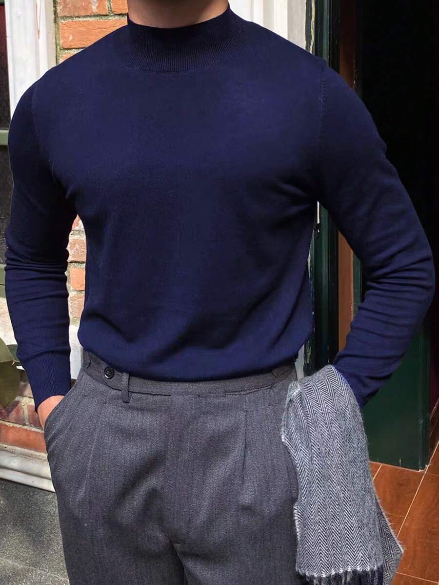 Áo len dài tay cổ lọ màu trơn thường ngày cho nam, mùa thu/đông - Màu xanh hải quân - Xem 1
