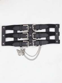 1 pieza Cinturón de estilo punk europeo y americano con cadena para mujer, banda decorativa para la cintura para vestidos y chaquetas, accesorio de entrenador de cintura de verano para damas, decoración de cadena gótica punk para vestido, cinturón negro de mujer para vestido, entrenador de cintura para adelgazamiento y control del abdomen