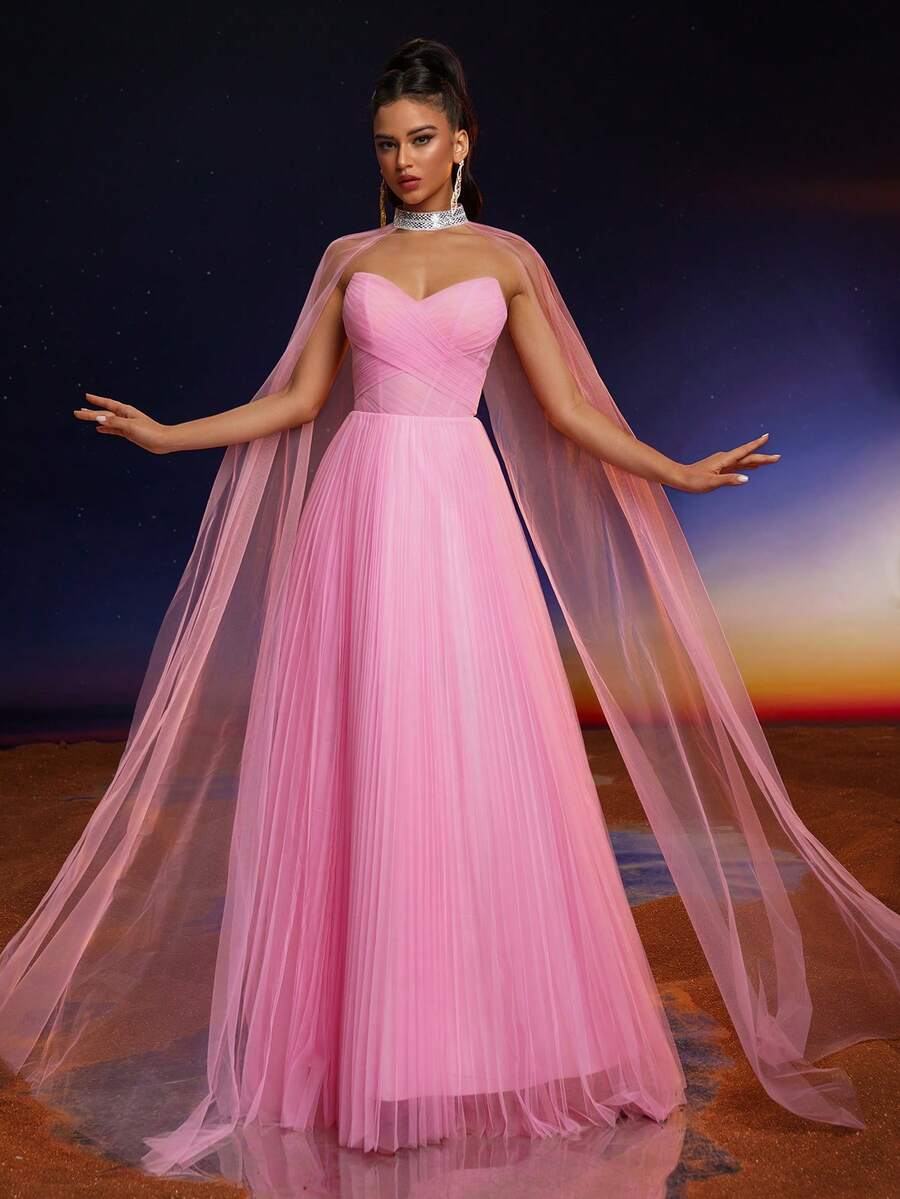 Vestido de noche largo de cuello redondo con encaje y volantes transparentes de Anymoon, vestido de fiesta, vestido de invitada de boda, vestido formal, vestido de noche - Rosa - Ver 1