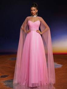 Vestido de noche largo de cuello redondo con encaje y volantes transparentes de Anymoon, vestido de fiesta, vestido de invitada de boda, vestido formal, vestido de noche - Rosa - Ver 4