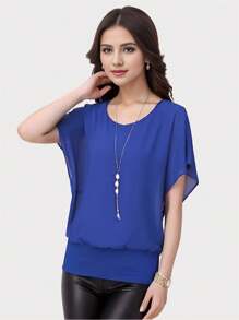 Women's Summer Casual Loose Chiffon Flowing Top Elegant Shirt - 藍色 - 查看 4