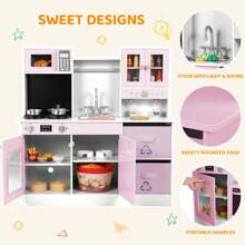 MAMIZO Kids Play Kitchen, Wooden Pretend Toy Kitchen, Toodler Cooking Kitchen Playset With Light & Sound, Sink, Microwave, 2 Fabric Boxs, Dishwasher, Modern Home Style Kitchen Toy For Girls Boys Age 3+ - 粉色 - 查看 4