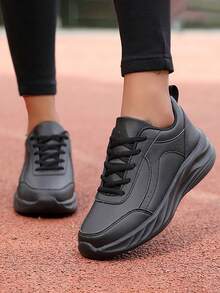 黑色哑光仿感恩节系带百搭拼接休闲运动鞋，女士真皮防水防滑厨房鞋，女士麦当劳软底超市工作鞋 - 黑色 - 查看 7