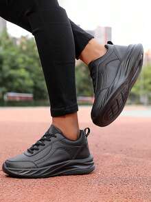 黑色哑光仿感恩节系带百搭拼接休闲运动鞋，女士真皮防水防滑厨房鞋，女士麦当劳软底超市工作鞋 - 黑色 - 查看 8