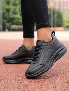 黑色哑光仿感恩节系带百搭拼接休闲运动鞋，女士真皮防水防滑厨房鞋，女士麦当劳软底超市工作鞋 - 黑色 - 查看 9