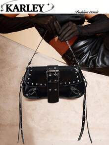 Mode Damen Umhängetasche mit Nieten Dekoration, burgunderrote schicke Motorrad Tasche für Teenager Mädchen, modische Damen Umhängetasche und Nieten verzierte Umhängetasche für Teenager, burgunderrote stilvolle Bikertasche - Schwarz - Übersicht 1